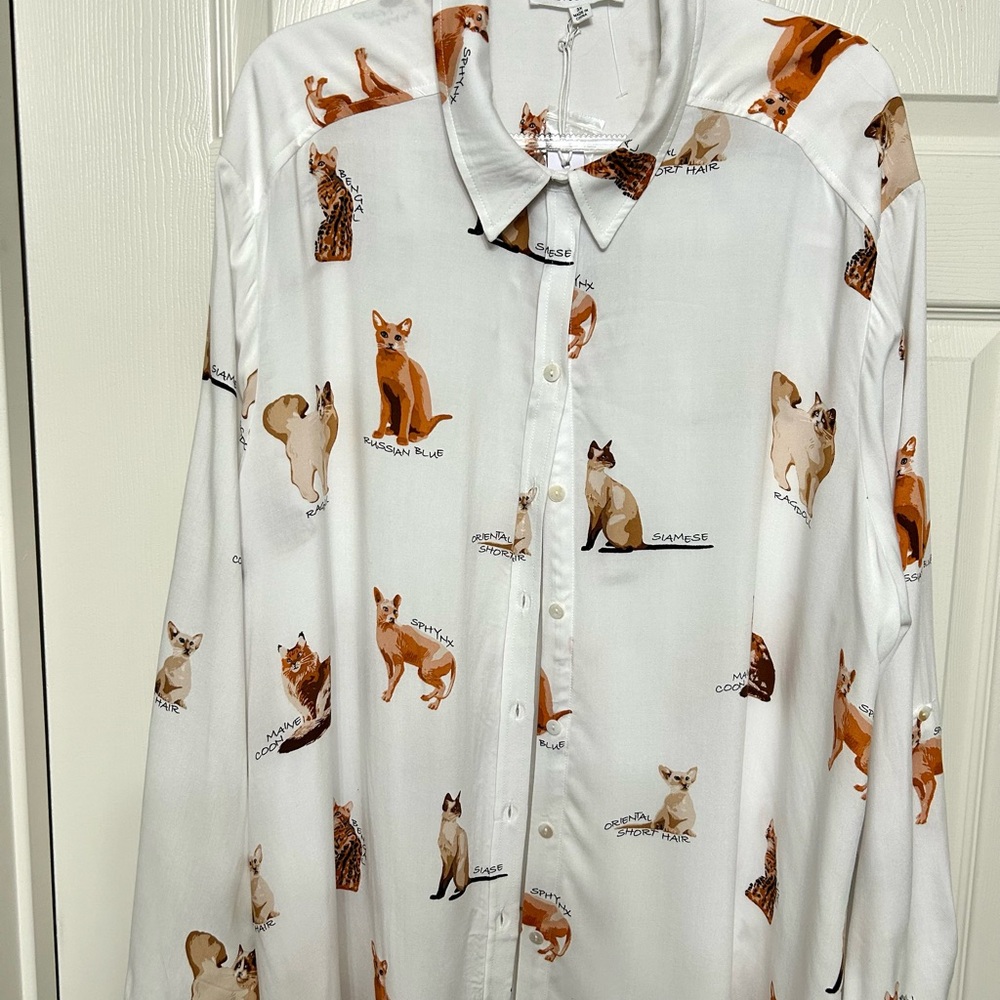 Jane Delancey Women’s Collared Botton Down long Sleeves Blouse Cats Designed NWT